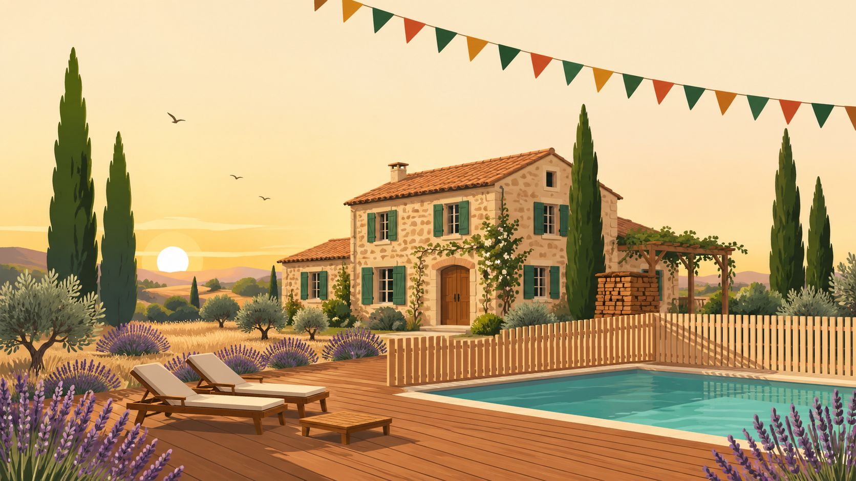 Illustration paysagère du dépôt avec terrasse en bois et clôture